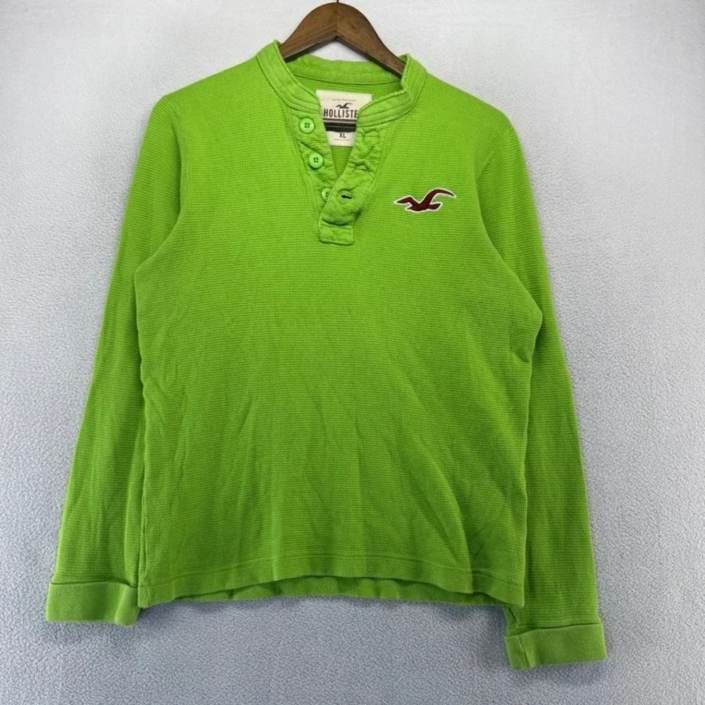 Vintage Hollister Shirt Mens XL Green Thermal Waffle Knit Henley Muscle y2k Logo